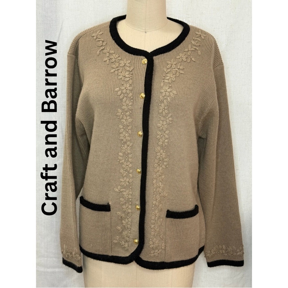 Craft & Barrow Taupe Embroidered Cardigan Size S Black Trim Gold Button Sweater